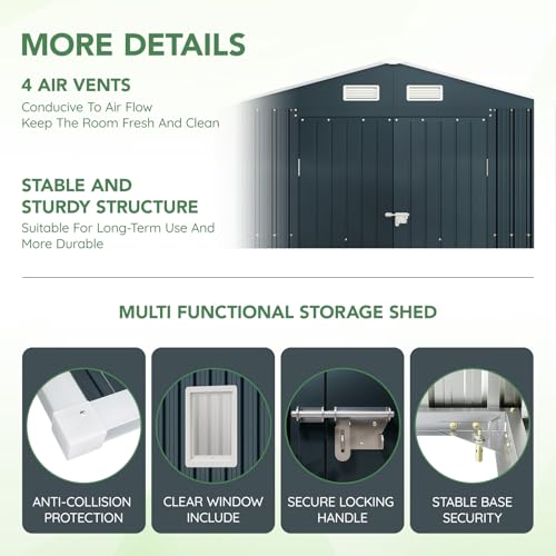 10X12X7.5 FT Outdoor Steel Storage Shed with Lockable Doors, 2 Windows, Transparent Roof Panels (Wood Panels & Frame Floor Not Included), Ideal for Patio Storage,Garbage Can, Chicken Coop，Brown