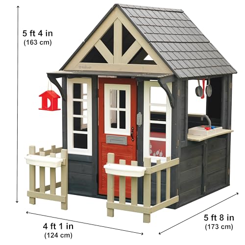 KidKraft Riverscape Wooden Playhouse with Working Doorbell, Fence, Kitchen and Pet Door