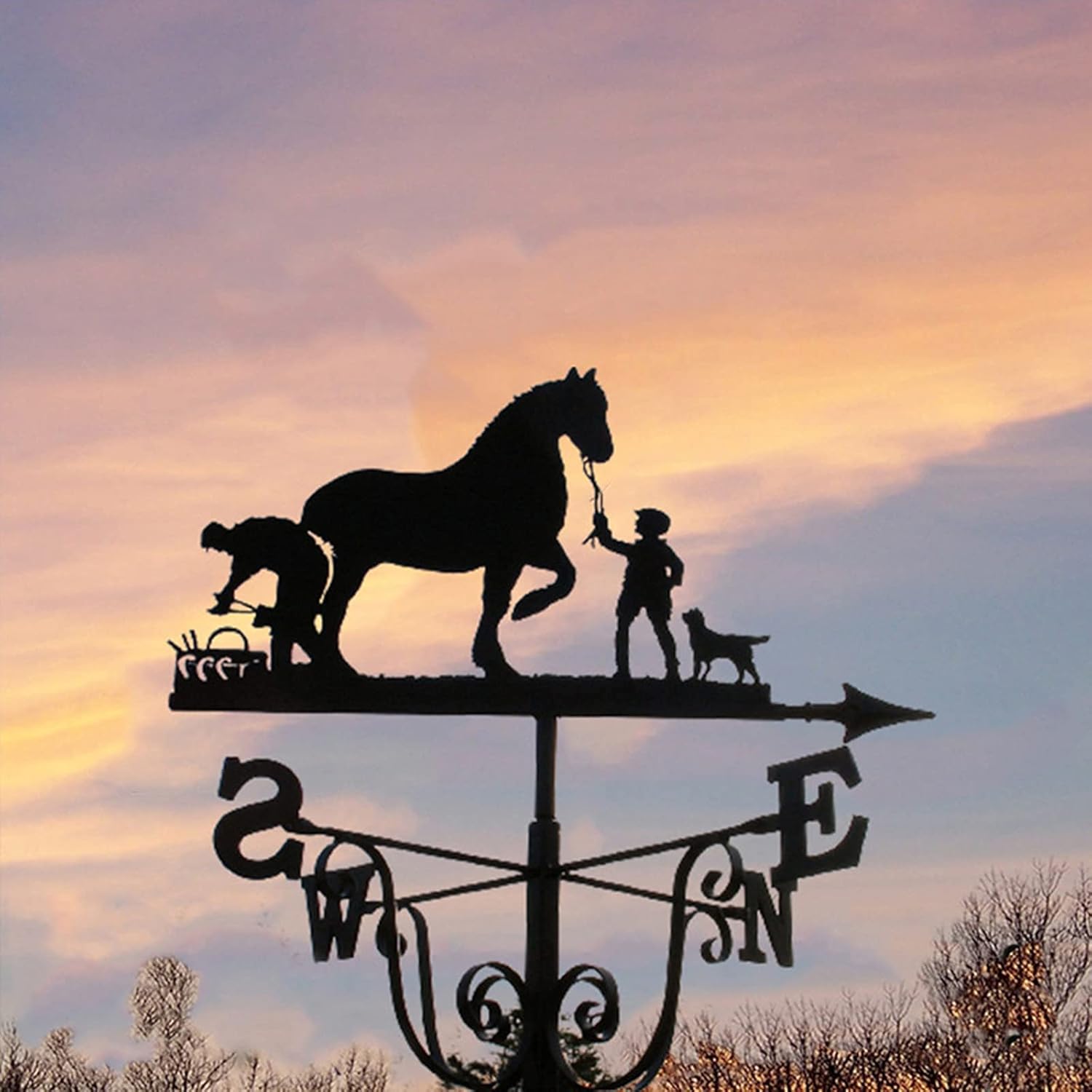 Decoration Wind Vane, Weathervane with Roof Mount Weathercock Wind Direction Indicator, Retro Farmer and Horse Metal Weathervane Garden, Creative Stainless Steel Home Decor Ornament