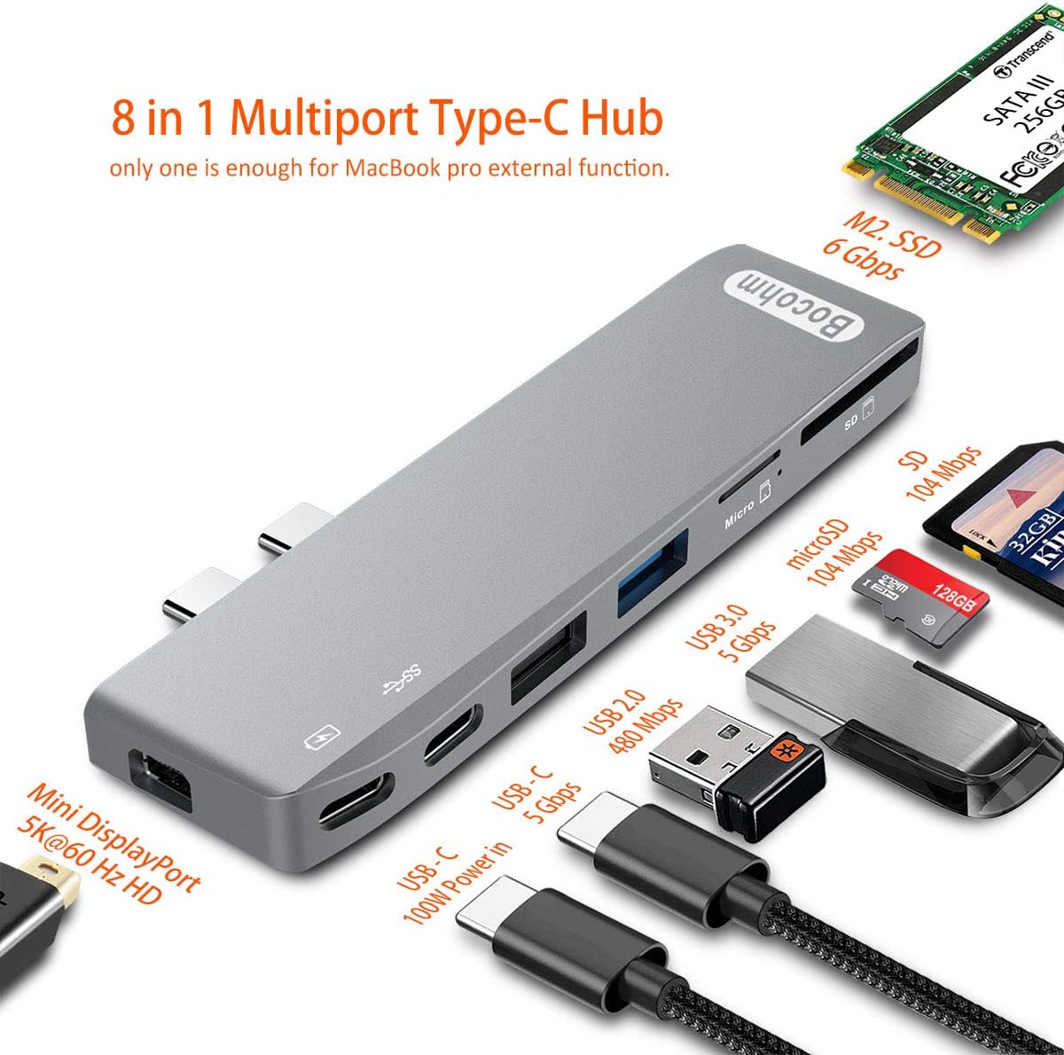 USB C Hub for MacBook Pro 2016/2017/2018, Bocohm Type C Thunderbolt 3 Adapter with 100W Power Delivery, 5K HD Mini DisplayPort, USB3.0, SD/MicroSD Card Reader, NGFF M.2 SATA III SSD 8 in 1