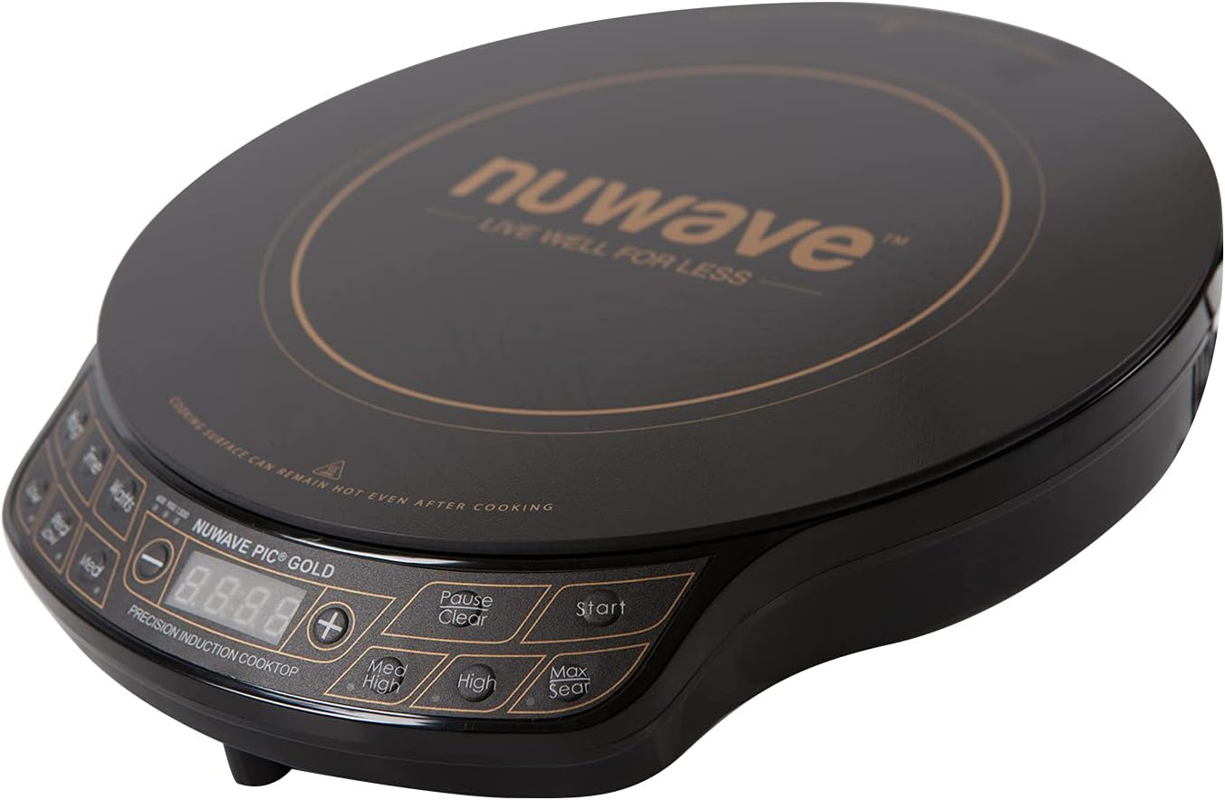 NUWAVE Gold Precision Induction Cooktop, Portable, Powerful with Large 8” Heating Coil, 52 Temperature Settings from 100°F to 575°F in 10°F Increments, 3 Wattage Settings 600, 900, and 1500 Watts, 12” Heat-Resistant Cooking Surface, Safe for Jumbo St