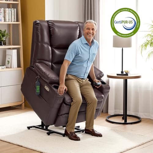 MCombo Large Triple Motor Power Lift Recliner Chair with Massage and Dual Heating, Adjustable Headrest for Tall Elderly People, Faux Leather 7634 (Dark Brown, Large)