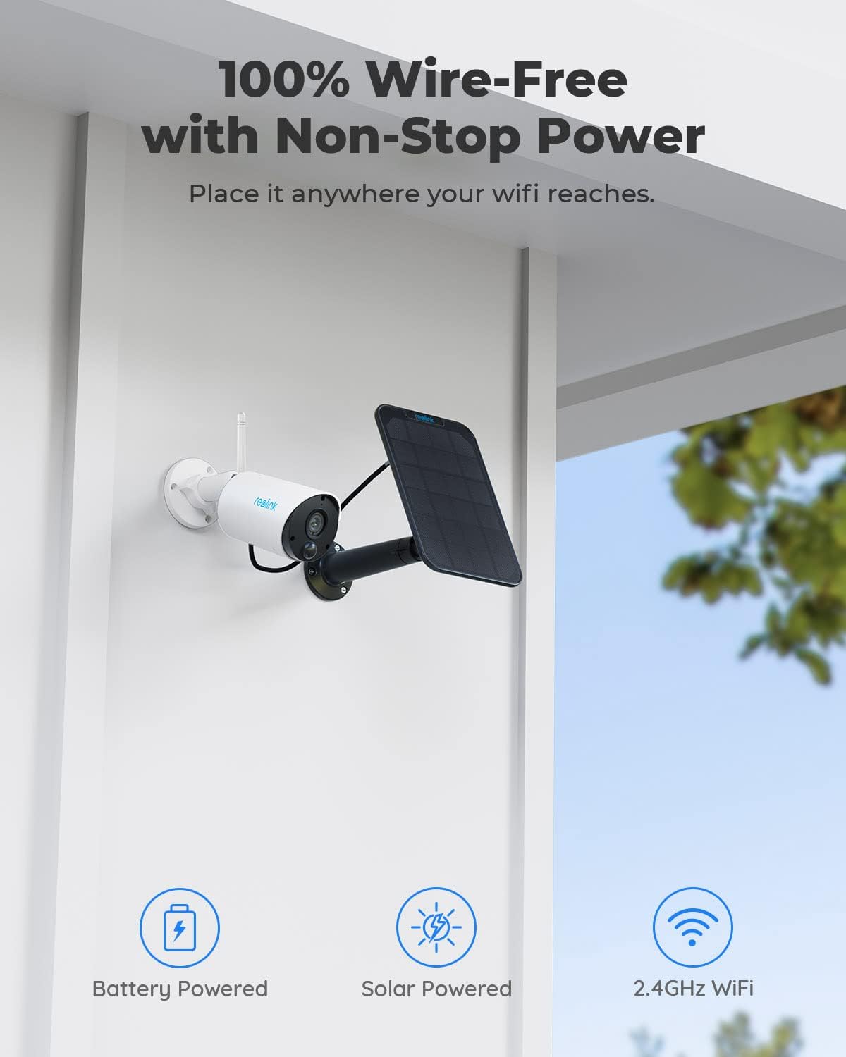 Solar WiFi Camera Security Outdoor, 100% Wire-Free, Wireless Battery Powered, 1080p, 2-Way Talk, Night Vision, PIR Motion Detection, Works with Alexa, REOLINK Argus Eco with Solar Panel