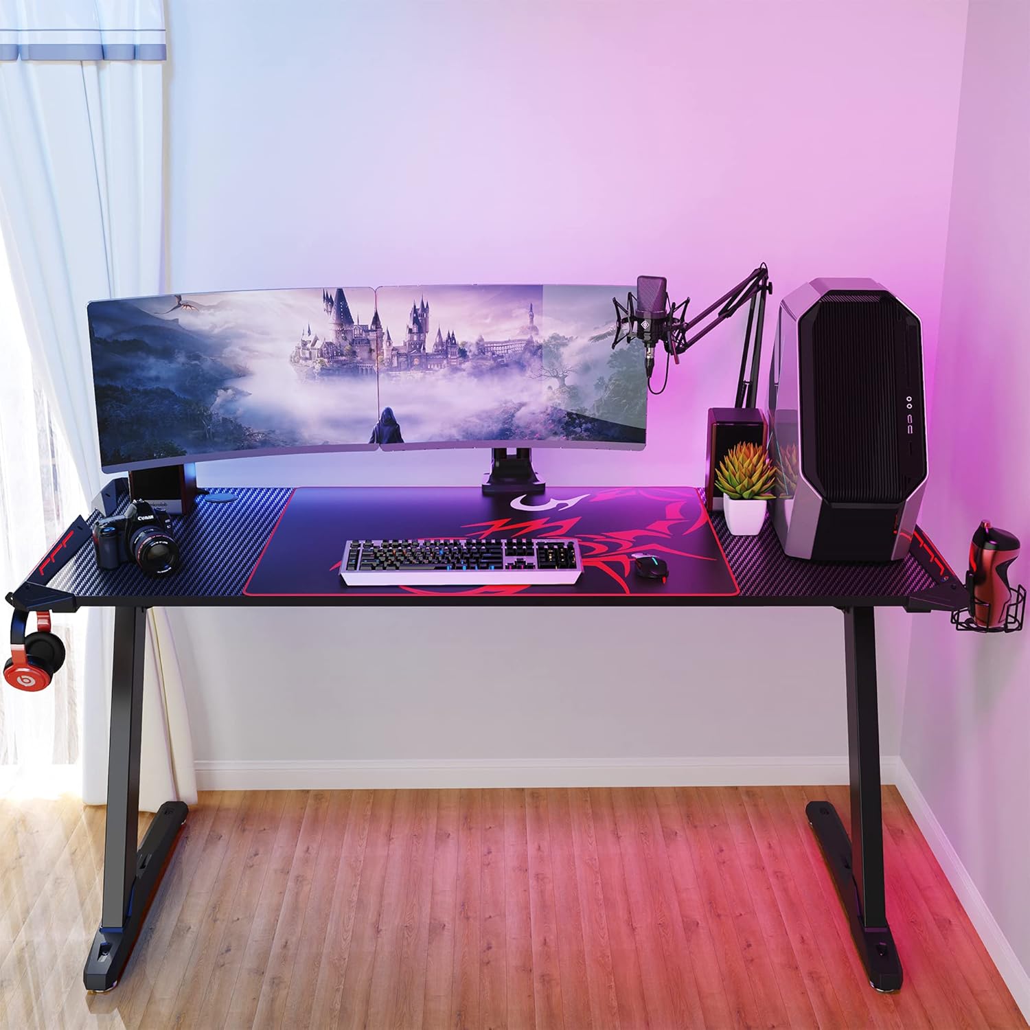 EUREKA ERGONOMIC Z60 Gaming Desk 60 inch Computer Desk Z Shaped Large PC Tables with RGB LED Lights Mouse Pad for E-Sport Racing Gamer Pro Home Office Gift