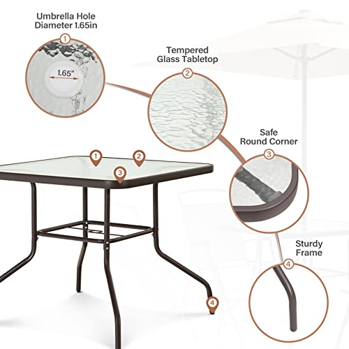 Pellebant 6PCS Patio Dining Set with Square Glass Table, 4 Folding Chairs and Patio Umbrella for Garden, Pool, Backyard, Outdoor, Indoor, Park, Patio, Poolside, Brown