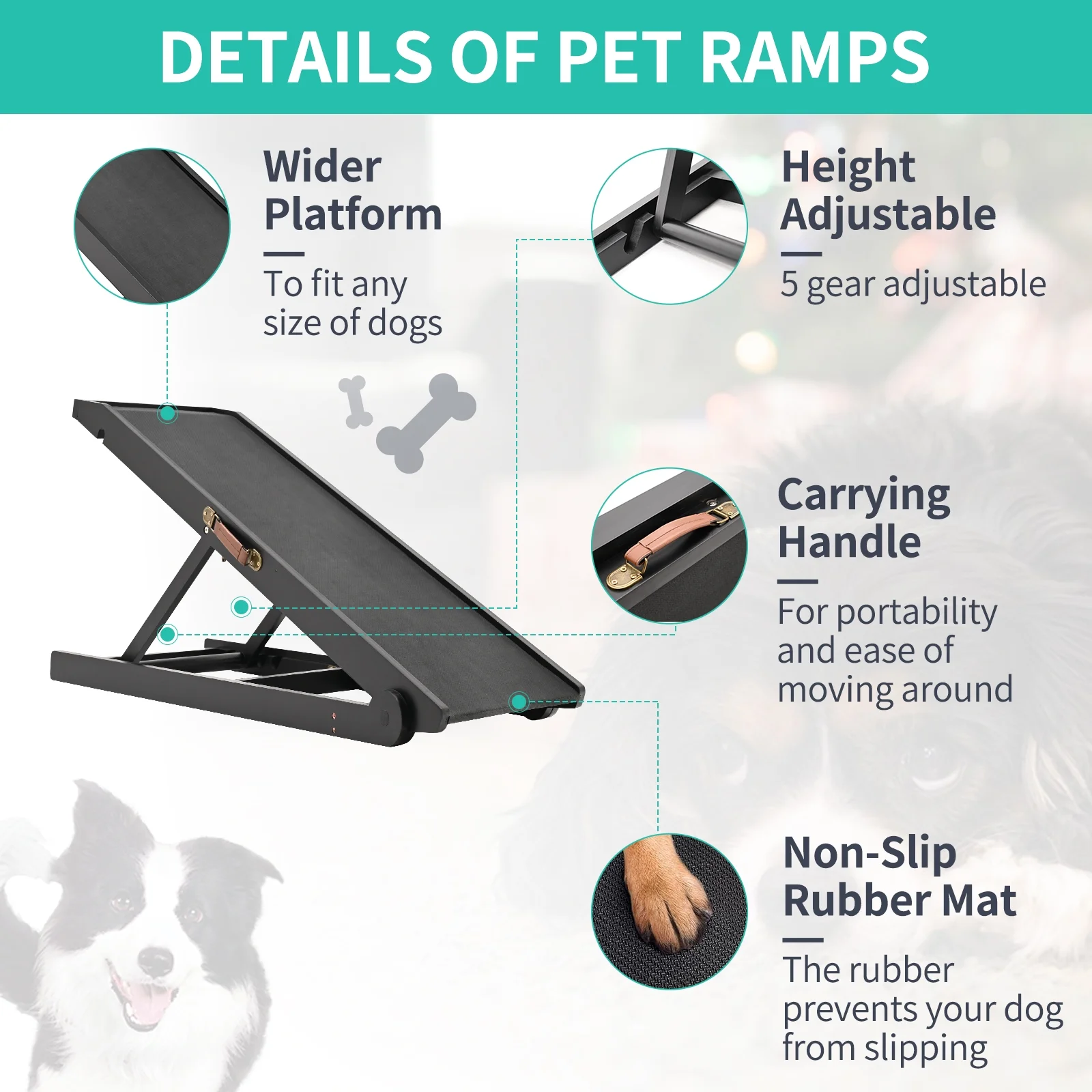 Slsy Dog Ramp with Upgrade Rubber Mat, 4 Level Adjustable 41.3" Folding Pet Ramp for Bed, Couch, SUV, for Small & Large Old Dogs & Cats, Supports up to 150 lbs