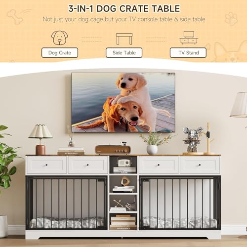 GarveeHome 82” Double Dog Crate Furniture, Large Dog Kennel Indoor for 2 Dogs, Heavy Duty Wooden Dog Crate TV Stand with 4 Drawers and Shelves, White