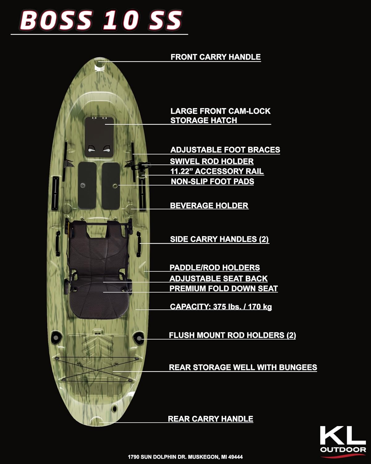 Sun Dolphin Boss 10 SS Fishing Kayak - Sit On Top Fishing Kayak - One Person Angler Kayak - 3 Fishing Rod Holders - Fishing Gear Tracks - Includes Paddle - 10 ft - Gray Swirl