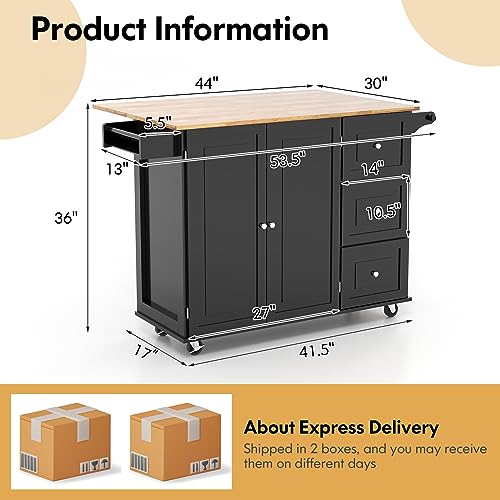 GOFLAME Kitchen Island Cart with Drop Leaf, Rolling Kitchen Cart on Wheels with Rubber Wood Top, 3 Drawers, Towel & Spice Rack, 2-Door Cabinet, Serving Trolley Cart for Kitchen Dining Room (White)