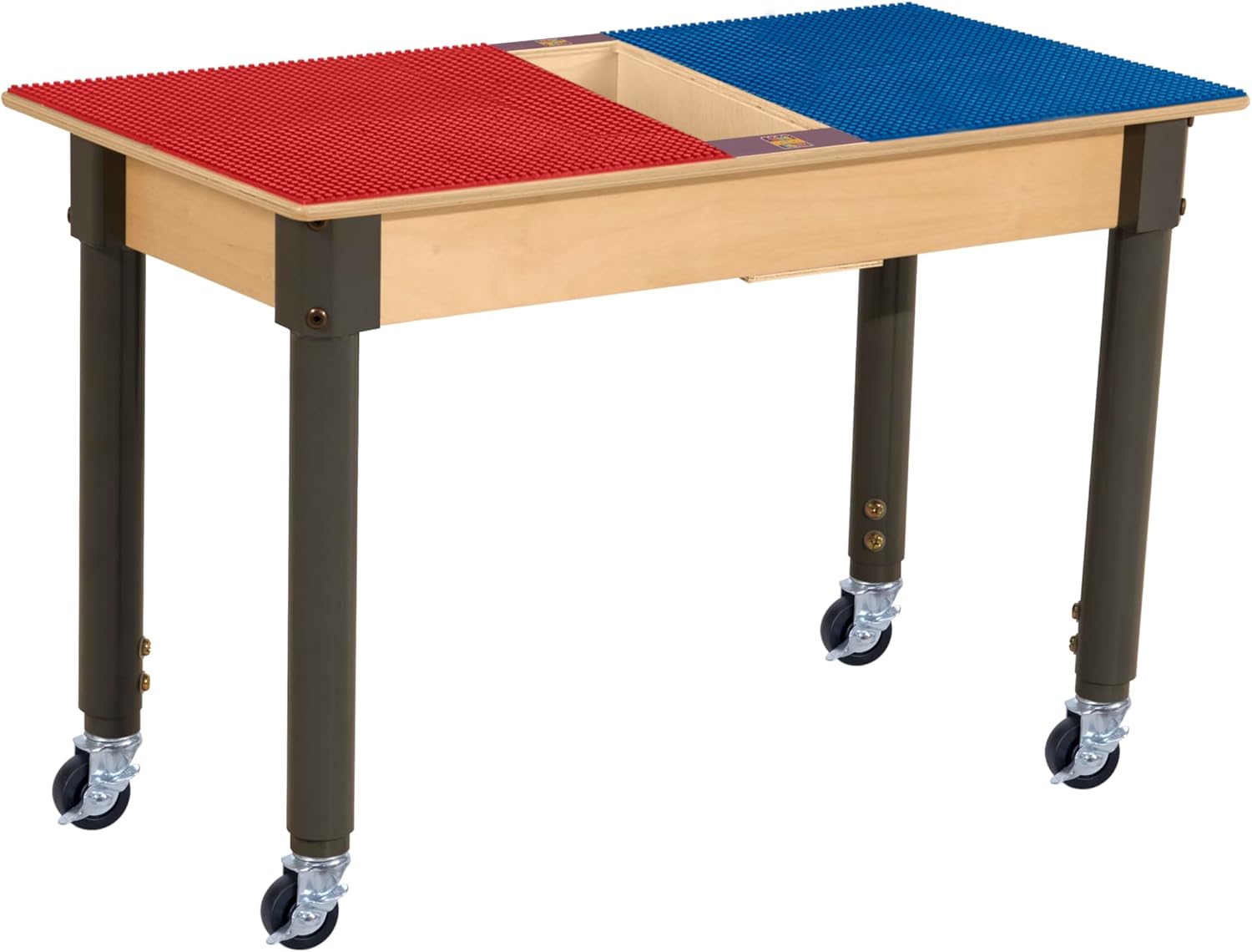 Time-2-Play Montessori Play Table, Reactangular Birch Plywood Red & Blue Lego Compatible Building Blocks Table with a Trough and Wheels for Kids [18”-29” Adjustable Legs]
