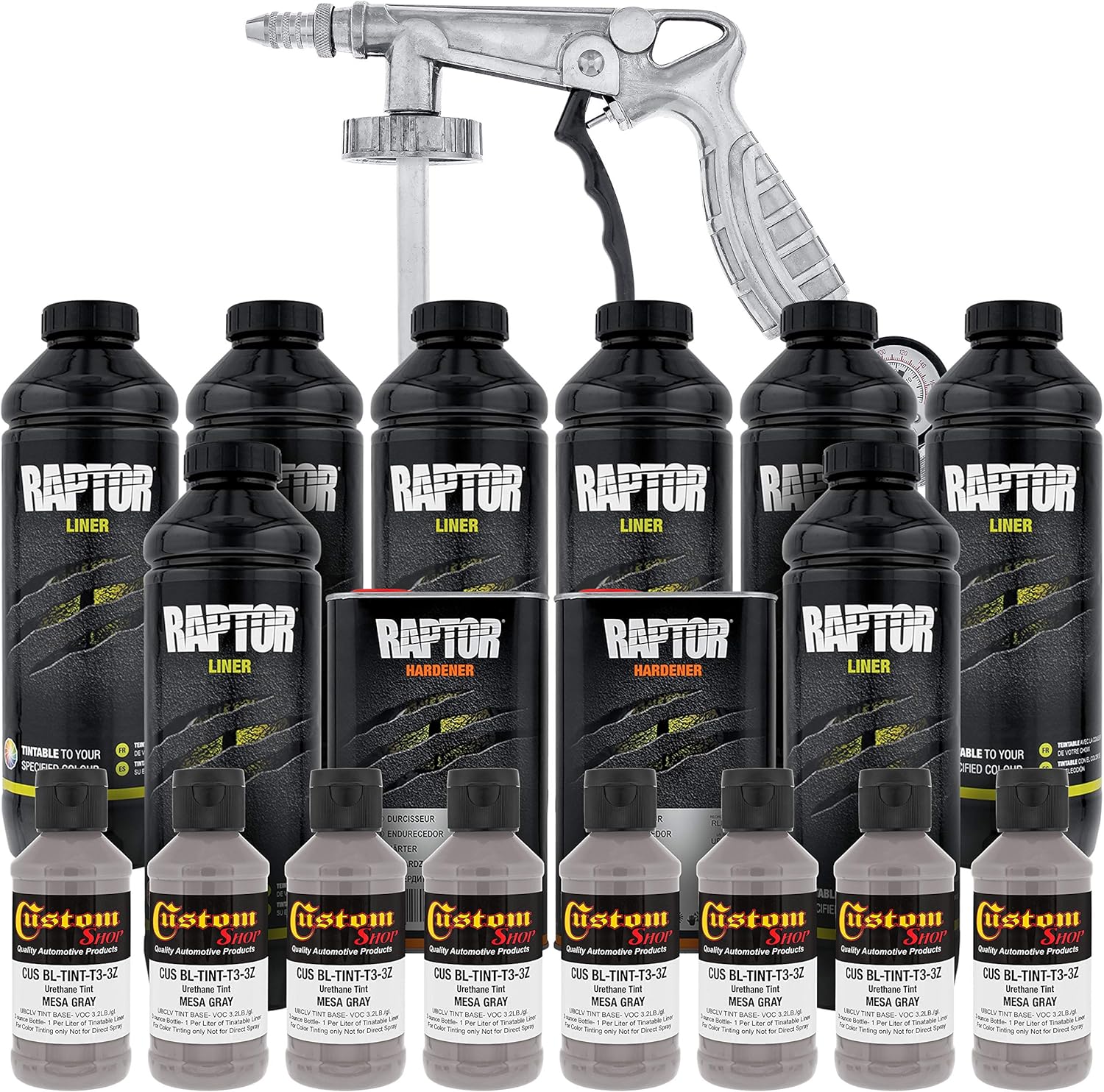 U-Pol Raptor Mesa Gray Urethane Spray-On Truck Bed Liner Kit and Custom Coat Spray Gun with Regulator, 8 Liters