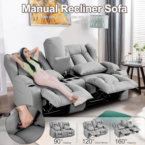 Loveseat Recliner Sofa, Manual Reclining Home Theater Seating with Console, RV Double Recliner with Cup Holders and Side Pocket for Living Room, Beige