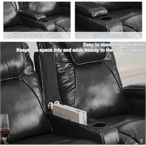 RV Reclining Loveseat Recliner Wall Hugger Recliners RV Theater Seating Seats Theater Chair Theater Recliner Sofa Love Seat with LED Light/USB/Type C/Cup Holders,Power Recliner Chair (Blue, 62)
