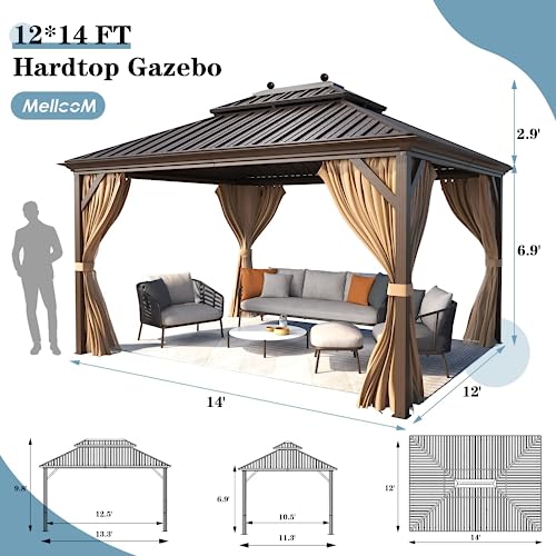 MELLCOM 12'x16' Hardtop Gazebo, Galvanized Steel Metal Double Roof Canopy with Curtains and Netting, Brown Permanent Pavilion Gazebos with Aluminum Frame for Garden, Patio, Lawns, Deck