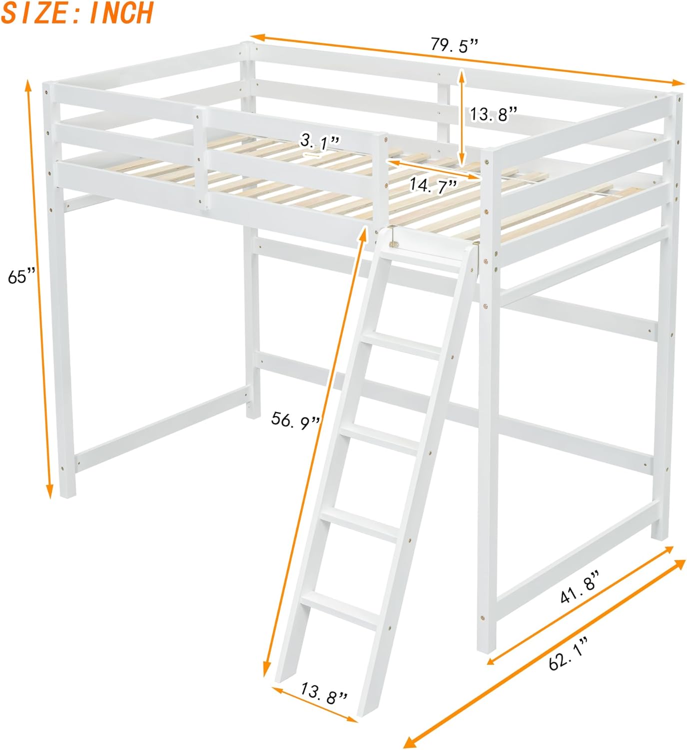 Twin Size High Loft Bed with Ladder Safety Guardrail,Wooden Loft Bed Frame for Kids/Teens,Space-Saving Design for Boys/Girls Bedroom,Easy Assemble,No Box Spring Needed,White
