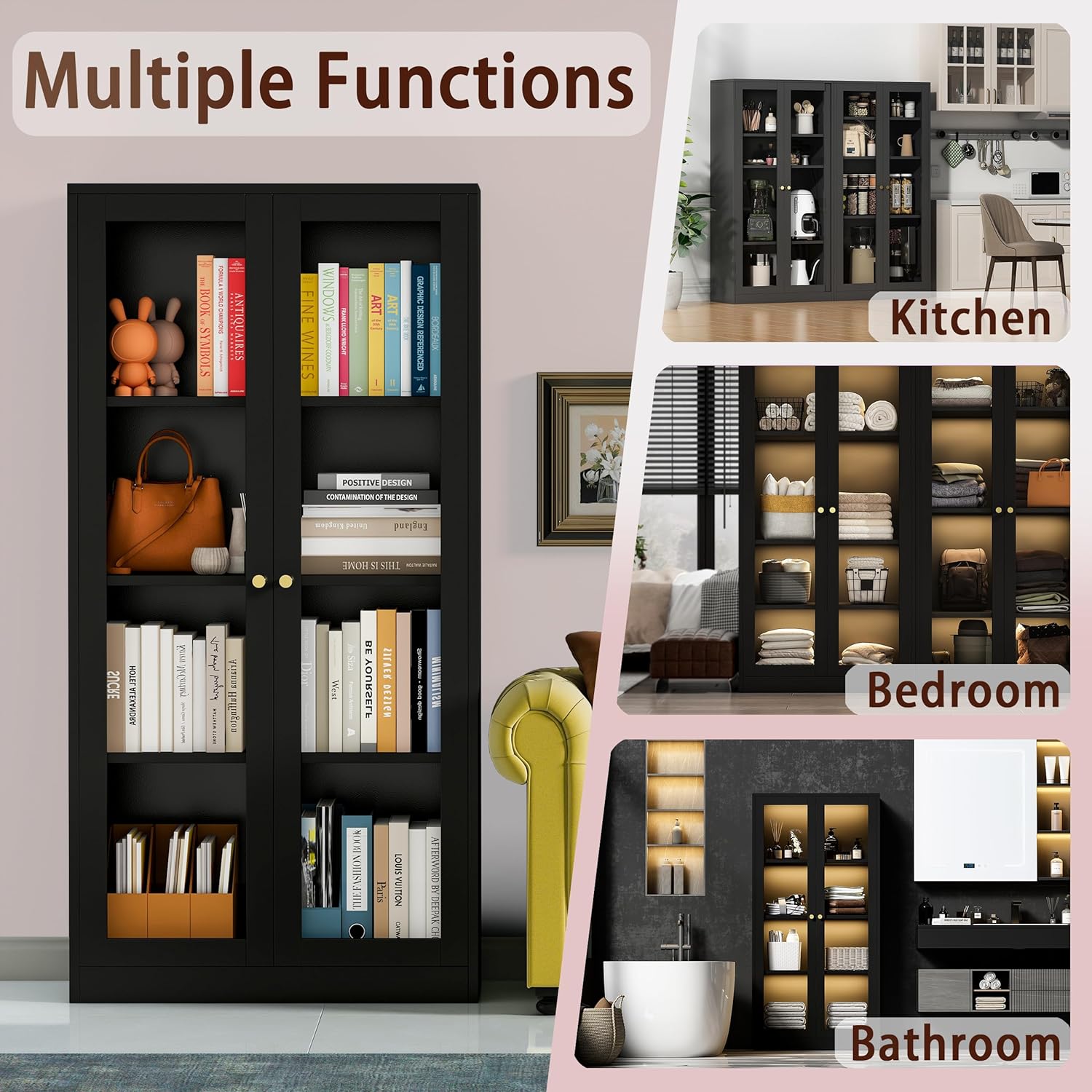 63'' Display Cabinet, Glass Display Cabinet with LED Light, 3 Adjustable Shelves, Curio Cabinet with Glass Doors for Home, Office, Collectibles, Pantry, Large Capacity (Black)