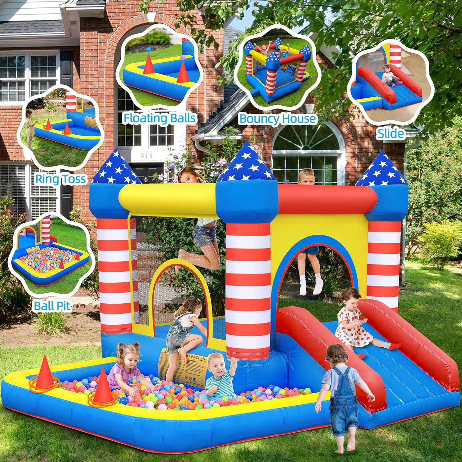 Culaluva Inflatable Bounce House: Bouncer Bouncy Castle 5 in 1 with Ball Pit & Slide for Kids Aged 3-8 - with 370W Blower & Storage Bag - Indoor Outdoor Play Stripes Style