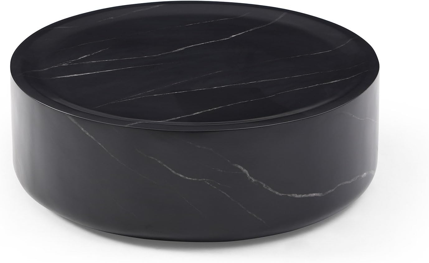 Henf 31.5" Round Marble Coffee Table for Living Room Modern Black Faux Marble Drum Coffee Table Circle Center Table Cocktail Table Sturdy Fiberglass Living Room Table No Need Assembly (Black)