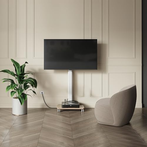 FITUEYES Rolling TV Stand with Power Outlets, Swivel Portable TV Stand for 32-75Inch LCD LED OLED Flat/Curved Panel Screen TVs, Height Adjustable&Wood Base, Mobile TV Cart Holds up to 99Lbs.