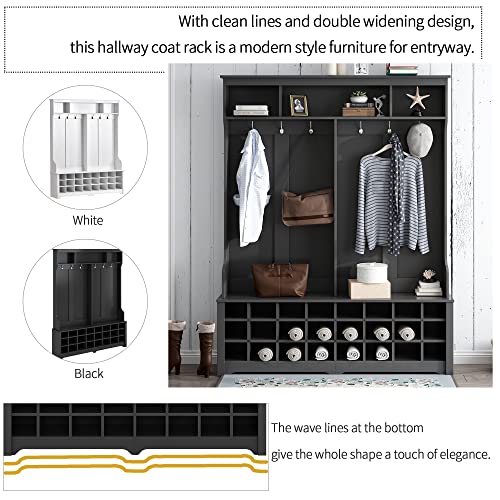 Modern Style Coat One with 3 Top Shelves,2 Flip Drawers,Wood Hallway Organizer with Storage, Metal Hanging Hooks,Hall Tree with Bench, Shoe Racks, White-2