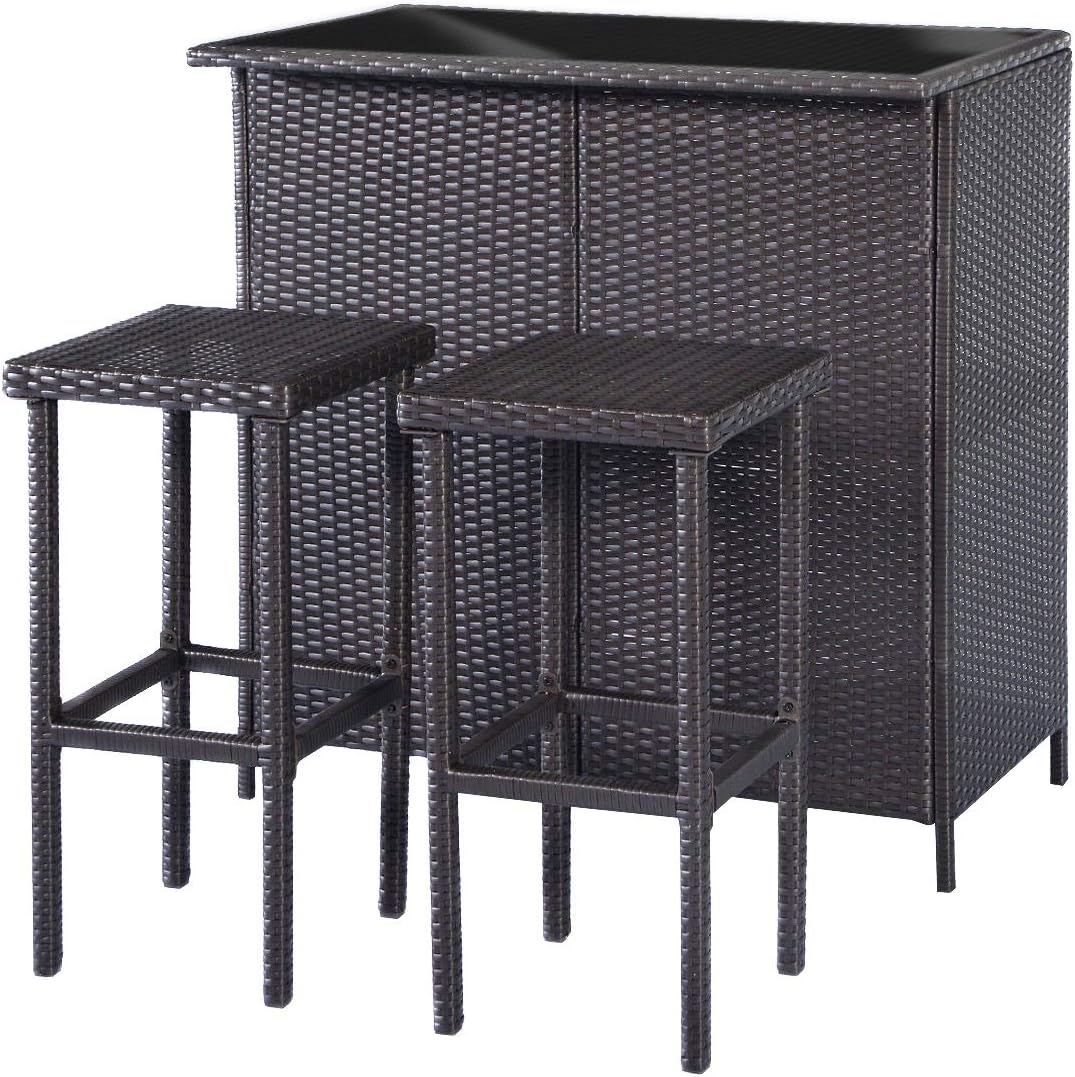 MCombo Patio Bar Set,Wicker Outdoor Table and 2 Stools,3 Piece Patio Furniture with Storage for Poolside,Backyard,Garden,Porches 6085-1201BK