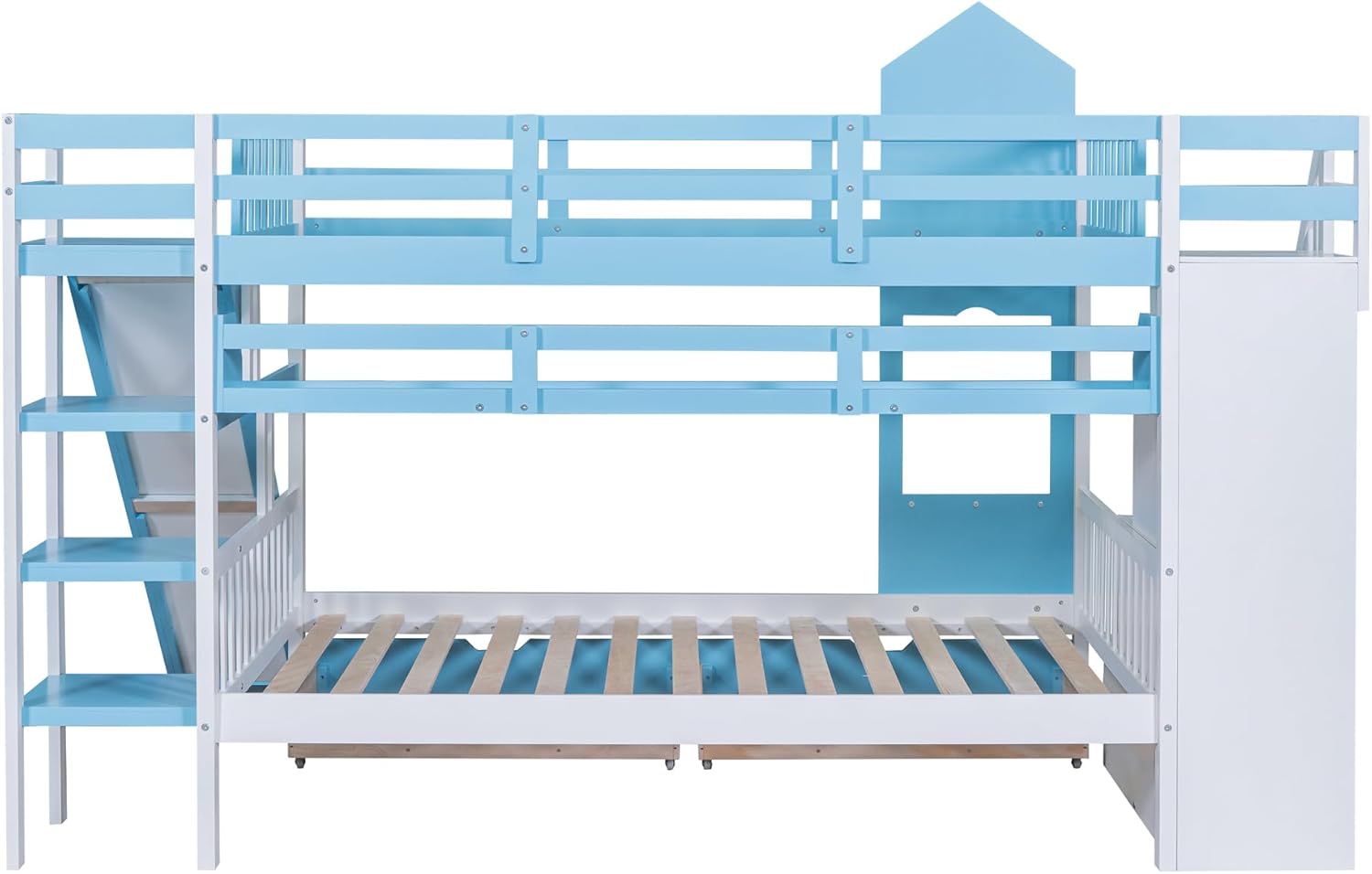 Harper & Bright Designs Full Over Full Bunk Bed with Stairs and Slide, Solid Wood Bunk Bed Frame with Storage Drawers and Bookshelf, for Kids Teens Girls Boys (Blue)