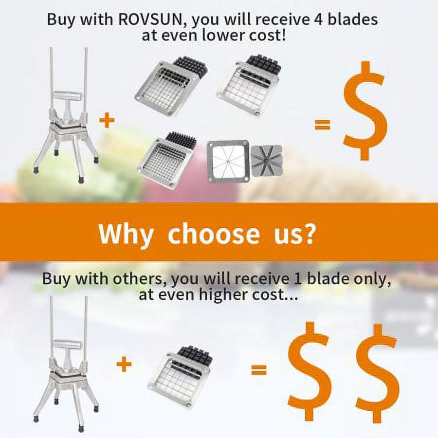 ROVSUN Commercial Vegetable Chopper French Fry Cutter with 4 Sizes Blades, Potato Dicer Slicer Fruit Chopper Stainless Steel for Restaurant, Home & Kitchen, 1/2", 3/8", 1/4" & 8-Wedge Blades