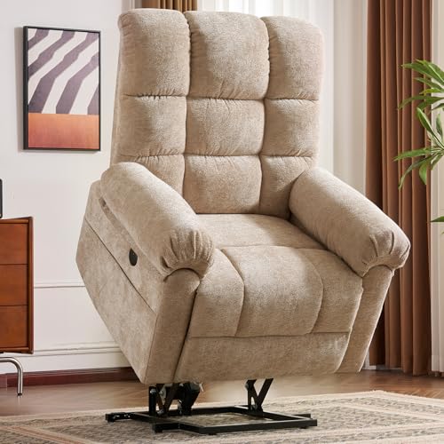 Oversized Power Lift Recliner Chair for Elderly, Extra Wide Lift Chair with Masssage and Heat, Chenille Electric Recliner Chairs for Big and Tall, USB Ports, Coffee