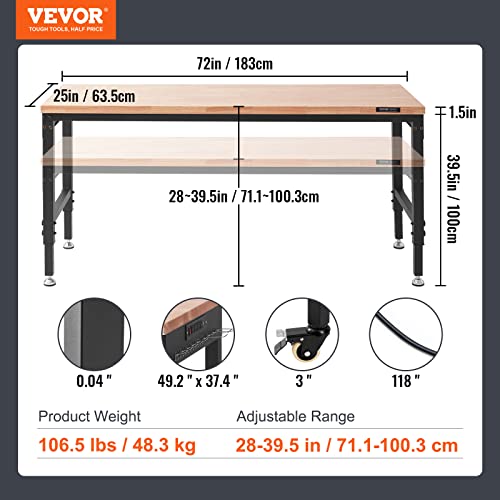 VEVOR 60" Adjustable Workbench, Heavay Duty Workstation 2000 LBS Load Capacity, with Power Outlets & Rubber Wood Top & Metal Frame & Foot Pads, for Workshop Office Home Garage