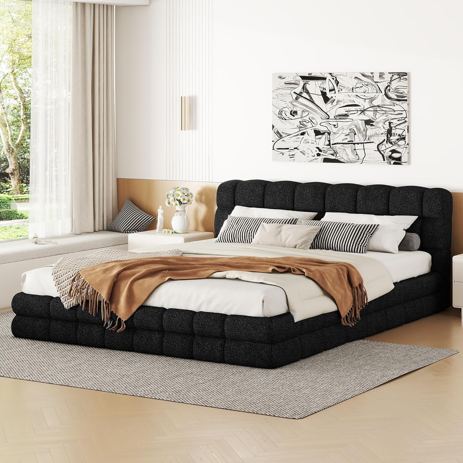 Queen Size Upholstered Platform Bed Frame, Black，Modern and Stylish Queen Bed Frame with Headboard, Perfect for Bedroom Furniture and Storage Solutions