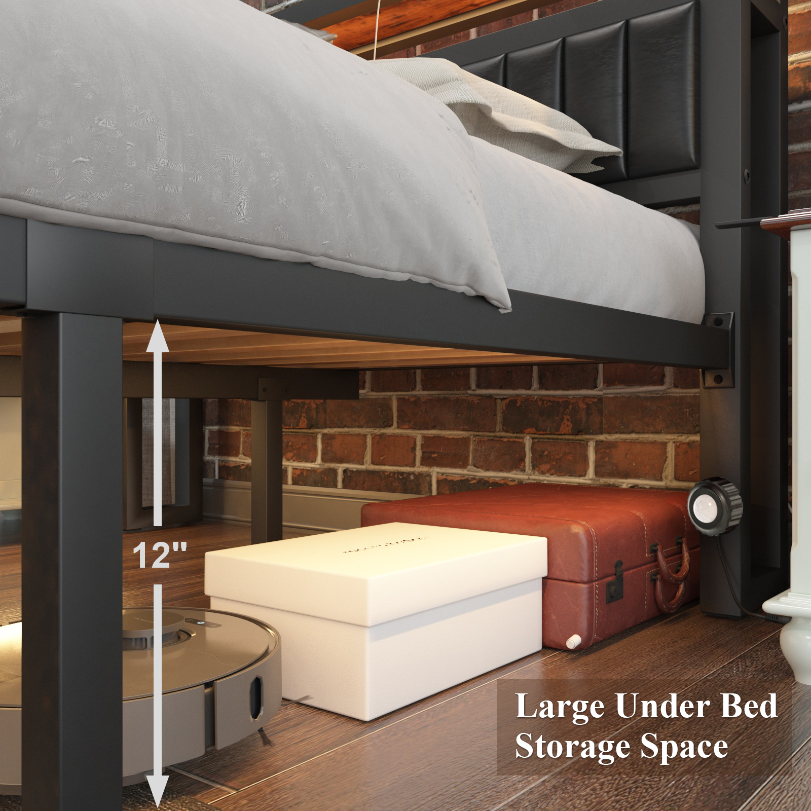 LoVinson Full Bed Frame with Storage Headboard and LED Sensor Lights, Upholstered Headboard with Charging Station, Metal Platform Bed with Drawers, Non-Slip, Noise-Free, Easy Assembly, Black