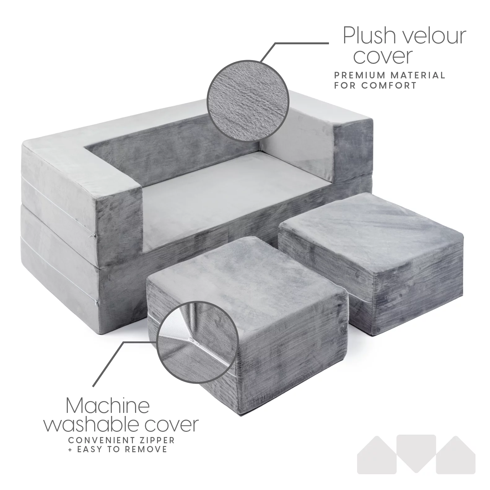 Milliard Kids Couch - Modular Kids Sofa for Toddler and Baby, Velour Cover, Color: Grey