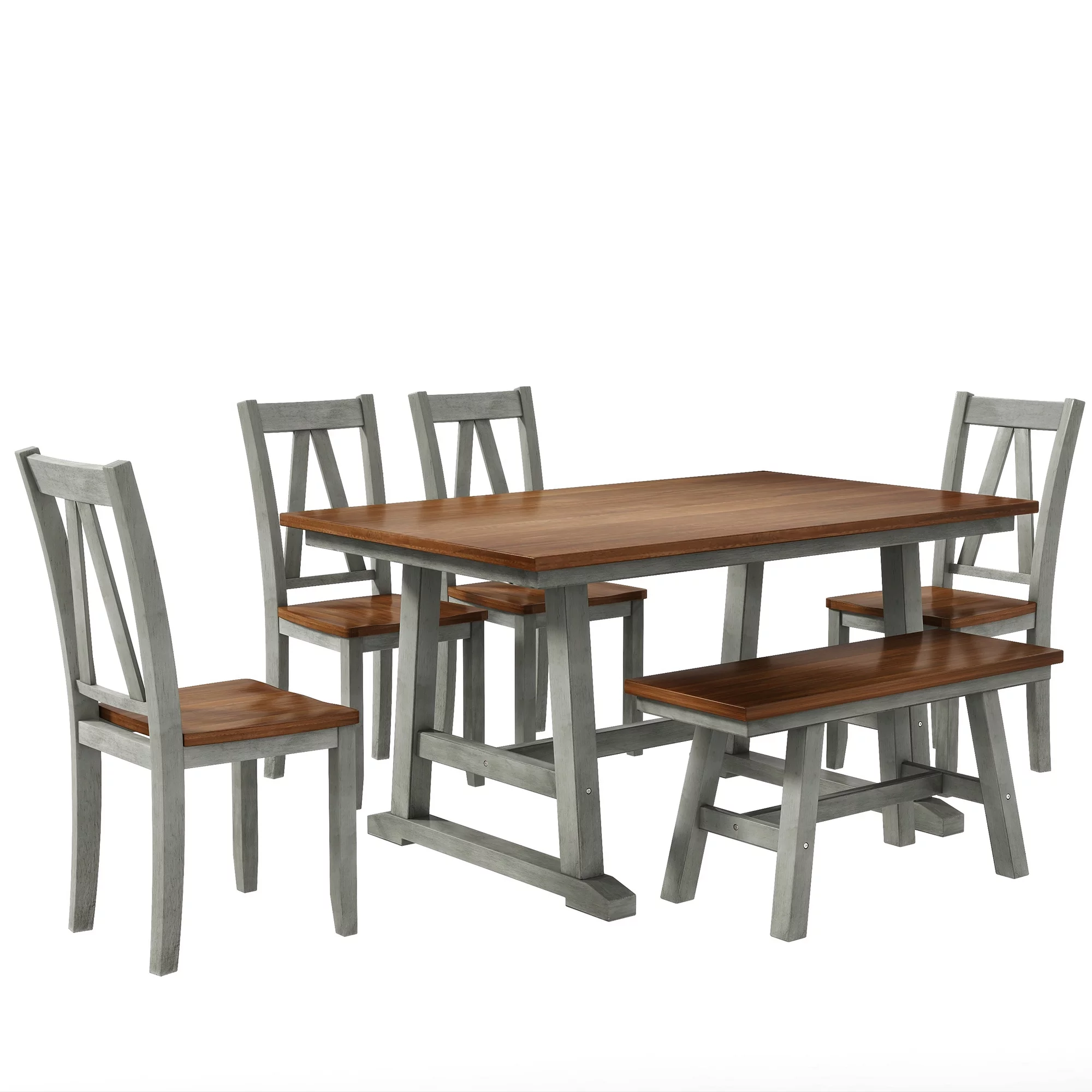 6 Piece Farmhouse Style Solid Wood Dining Room Set with Long Bench and 4 Dining Chairs, Rustic Farmhouse Kitchen Table Set with Bench and 4 Chairs, 36” x 60” Rectangle Table(Walnut+Gray)
