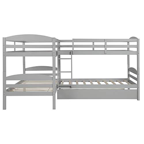 Four Bunk Bed Twin-Over-Twin-Over-Twin-Over-Twin L Shaped Bunk Bed with Trundle, Bunk Bed Can be Divided into 2 L-Shaped Beds for Accommodating 5, Family, Teens, No Box Spring Needed