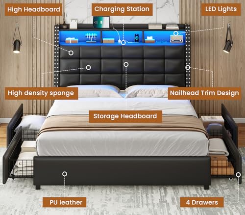 Itaar Queen Bed Frame with Storage Headboard and 4 Drawers, 50" High Upholstered Headboard with Hidden Storage, Platform Bed Frame with Led Lights and Charging Station, No Box Spring Needed, Gray