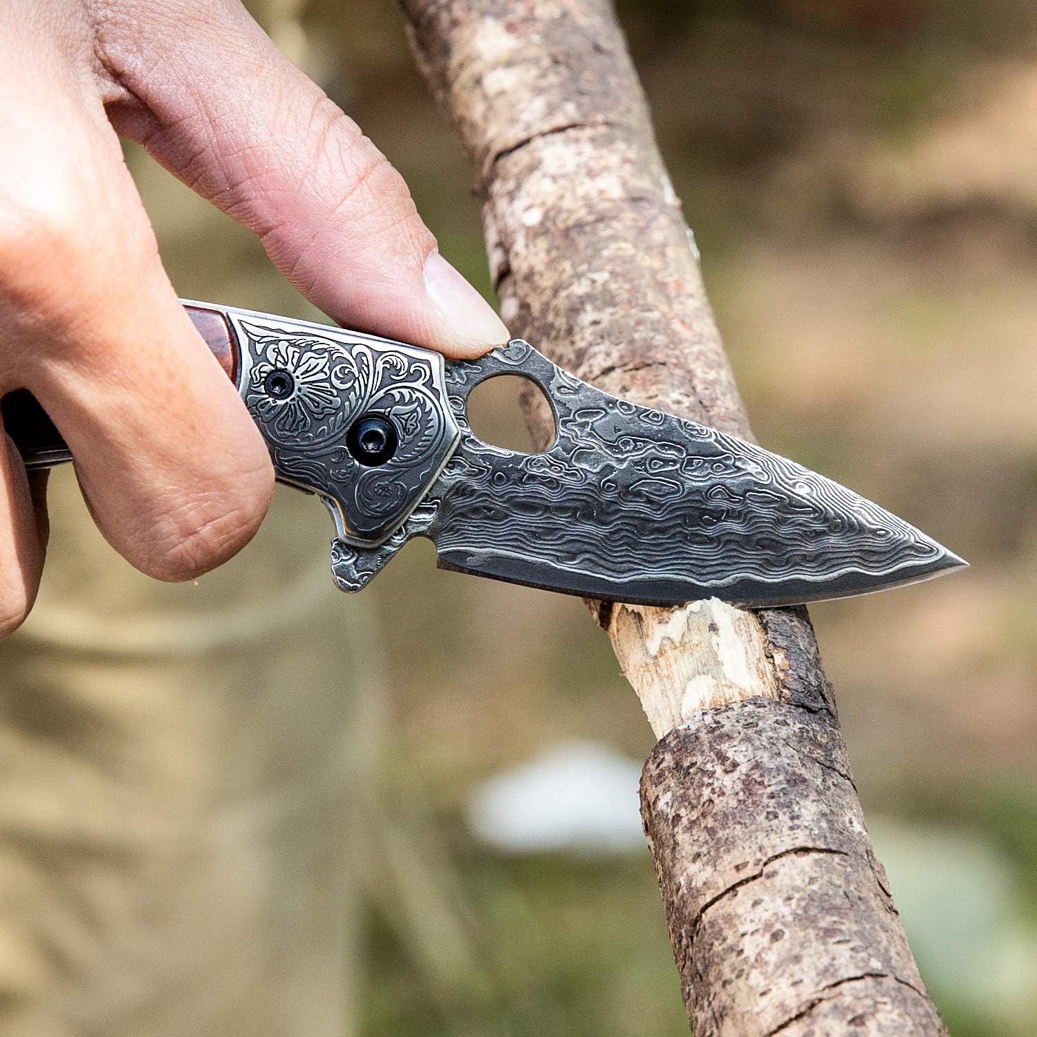 SPIRIT DEED EDC Pocket Knife for Men,2.5in Japanese Handmade VG10 Damascus Steel,Rosewood Handle,Liner Lock,Leather Sheath,Folding Knives for Camping and Hunting (Rosewood, 2.8)