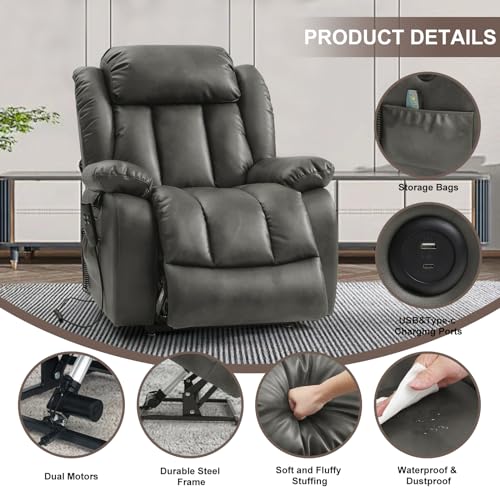 Dual Motor Lay Flat Lift Chairs Recliners for Elderly with Massage and Heat,Infinite Position Overstuffed Wide Power Lift Recliner, Genuine Leather, USB Ports and Remote Controls (Black)