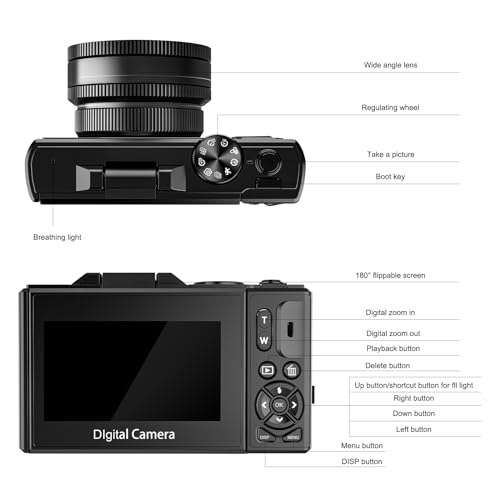 4K Digital Camera for Photography, WiFi UHD Autofocus 64MP Vlogging Camera for YouTube with Super Wide-Angle Lens, 3" 180° Flip Screen, 18X Digital Zoom with 32GB SD Card, 2 Batteries, Black