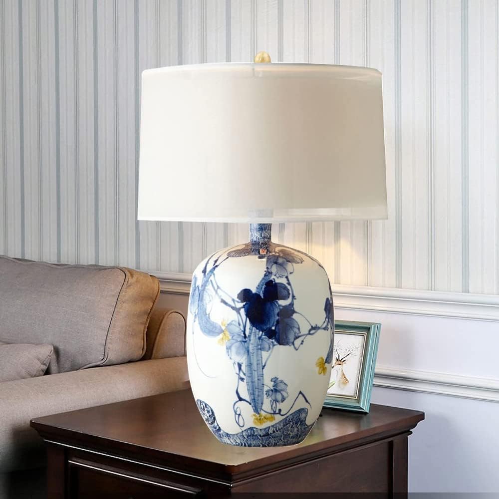 Chinese Blue and White Porcelain Table Lamp Porcelain Temple Jar Blue Floral White Drum Shade Decor Reading Light for Living Room Bedroom House Bedside Home Office E26/27 Base