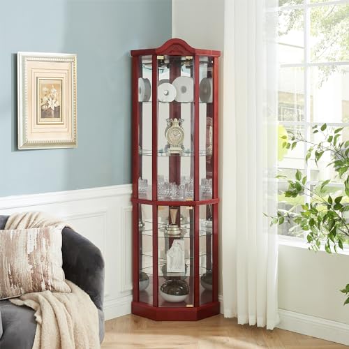 Henf 69.6" Lighted Corner Cabinet, Glass Display Curio Cabinet with Glass Doors, Adjustable Shelves and Mirrored Back Panel,Curved Wood Corner Curio Storage Rack with Bulb Included for Living Room