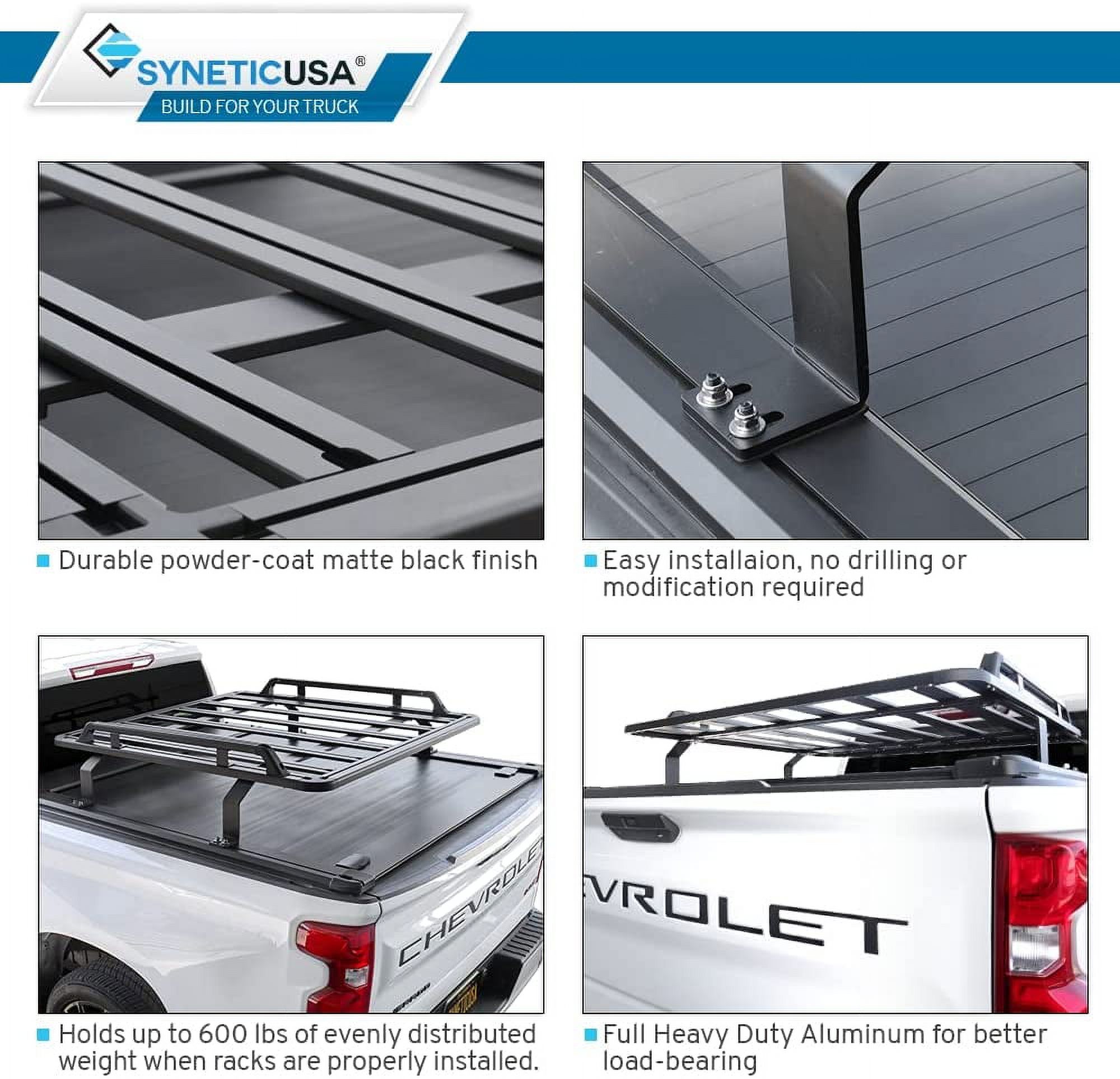 Syneticusa Retractable Hard Tonneau Cover Fits 2014-2022 Chevy Silverado/GMC Sierra 1500 5'8" (69.9”) Bed with Rack Kit Aluminum Matte Black Low Profile Waterproof Off Road
