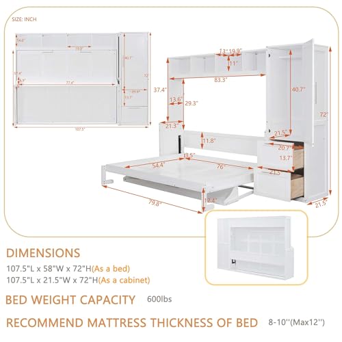 Linique Full Size Murphy Cabinet Storage Wall Bed with Closet and Drawers and Built-in Top Shelf,Hide a Bed on a Wardrobe Space Saving Design,Gray