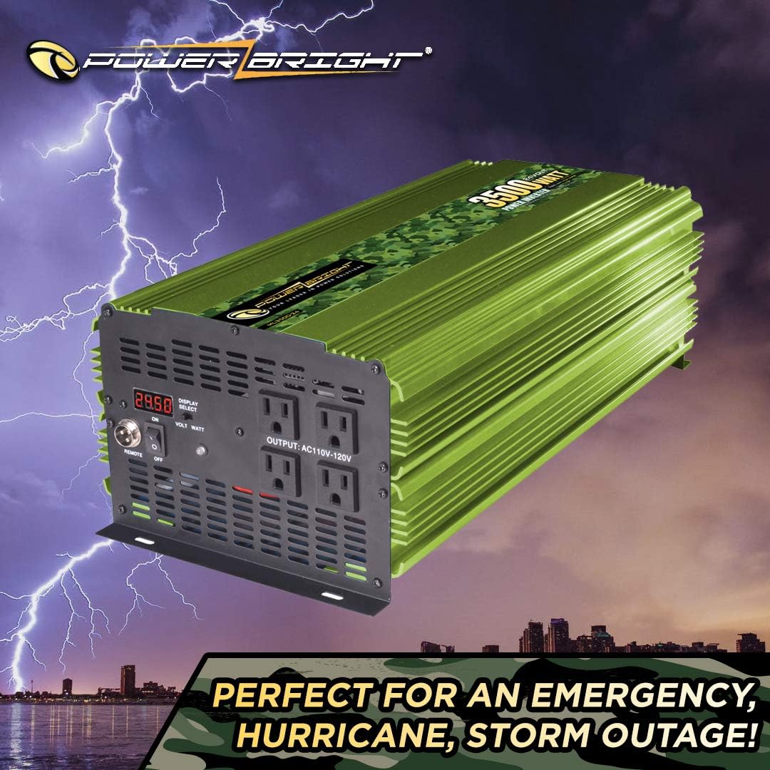 PowerBright 3500 Watt Power Inverter, DC 24V to 120V AC Car Inverter w/ Four AC Outlets, LCD Digital Display & Wireless Remote Control - CE Approved