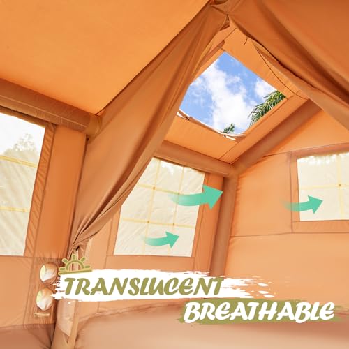 YOLENY Inflatable Tents for Camping, 4/6/8/10/12 Person Tent with TPU Skylight, Mesh Windows, Stove Jack & Pump, Easy Setup 4 Season Glamping Tent, Waterproof & Windproof