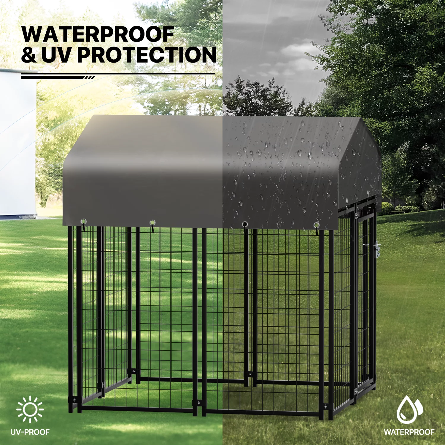 MoNiBloom 4ft x 4.25ft x 4.5ft Outdoor Dog Kennel with UV Protection Waterproof Cover and Roof, 8 Panels Welded Dog Pen Dog Playpen Dog Enclosure for Medium Dogs