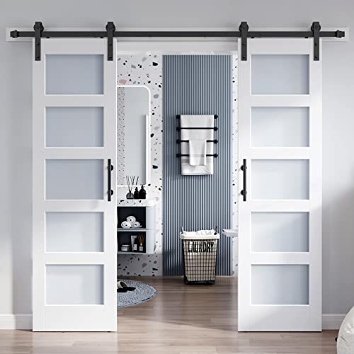 36x84 Inch Glass Sliding Barn Door Slab and 6.6ft Hardware Kit Included, 5 Frosted Glass, LVL Wood Panel Covered with White Water-Proof Scratch-Proof PVC Surface, Simple DIY Assembly