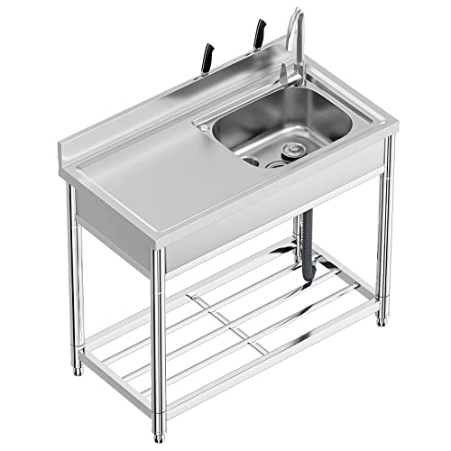 Free Standing Stainless-Steel Single Bowl Commercial Restaurant Kitchen Sink Set w/Faucet, Prep & Utility Washing Hand Basin w/Storage Shelve, laundry tub for Indoor Outdoor (22in)