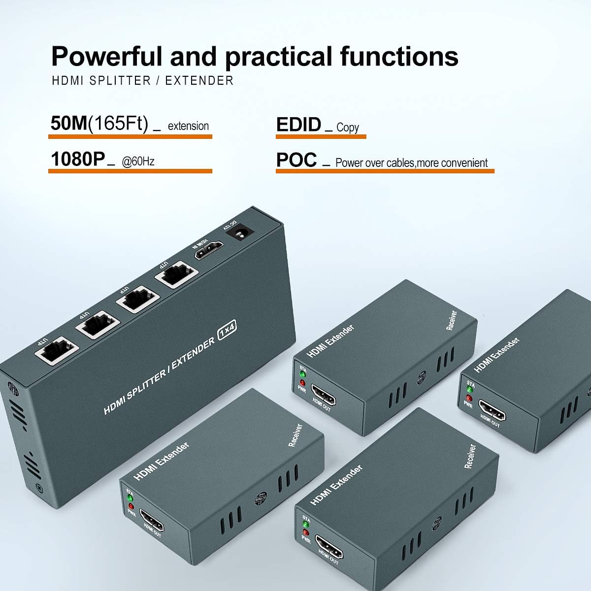 HDMI Extender Splitter 1x4, 1080P@60Hz, Extending 165ft (50m) Length Transmission Over CAT5e/CAT6/CAT7 Cable, 4 Channel Transmission Only 1 Power Adapter