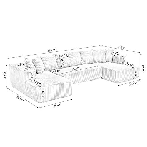 131'' Modular Sectional Couch, U-shaped Sofa, Chaise Lounge, Striped Corduroy Fabric,Upholstered 4 Seater Couch for Living Room, Bedroom, Free Combination Sofa (White)