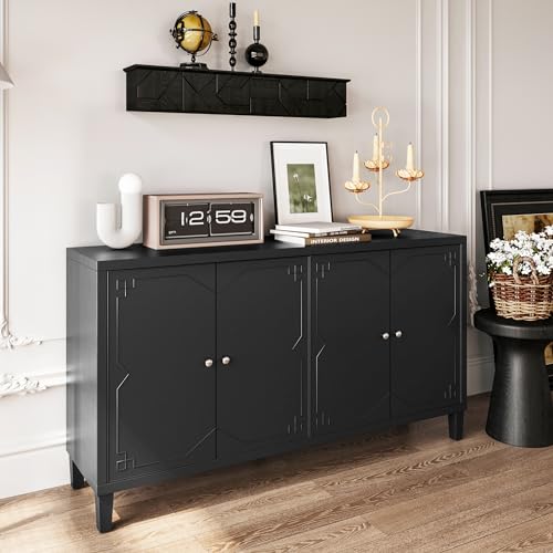 Sideboard Buffet Cabinet with Adjustable Shelves, 4 Shutter Doors, and Silver-Plated Handles, Classic Black Finish, Kitchen Storage Cabinet for Dining Room, Living Room